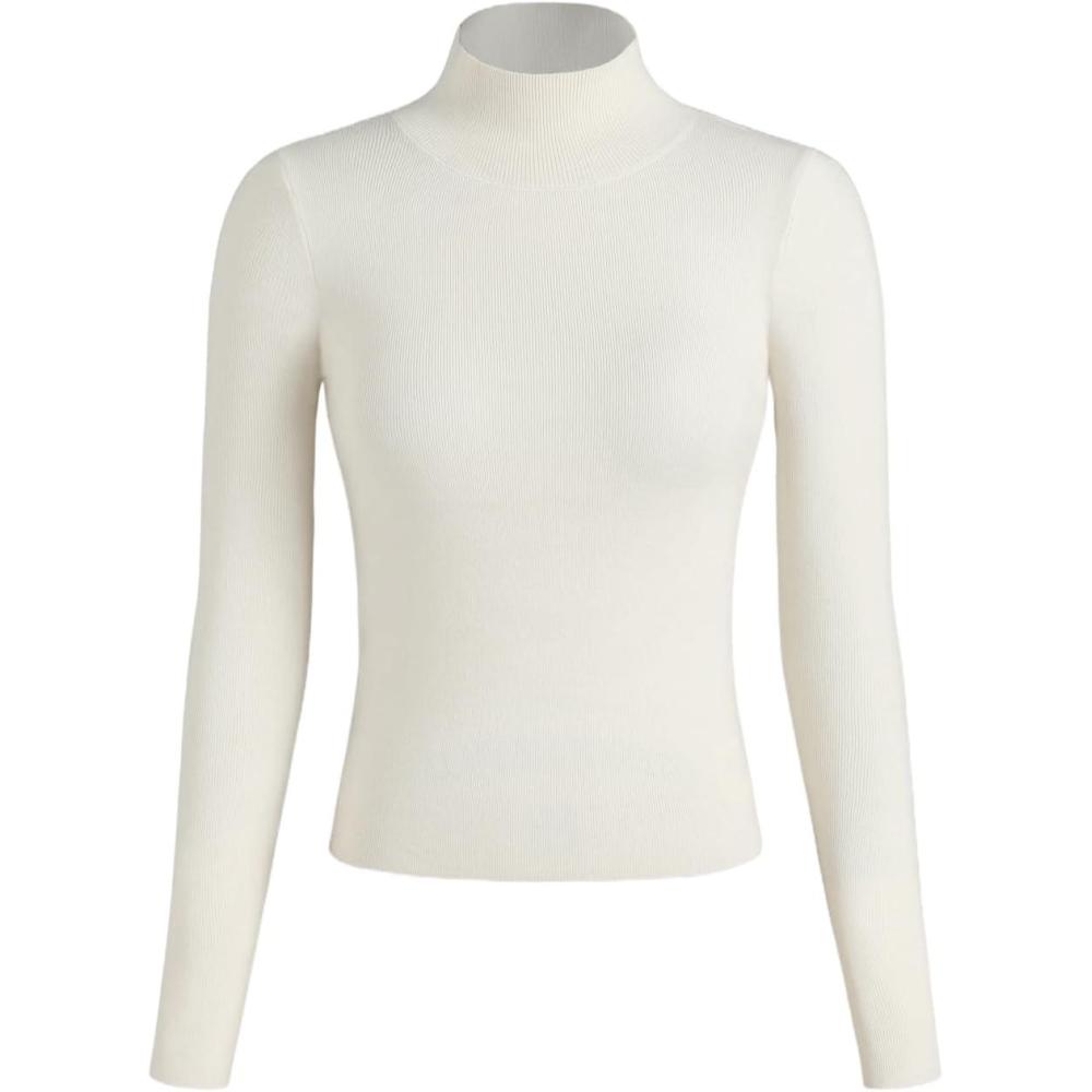 imageCIDER Mock Turtleneck Tops for Women Ribbed Knit Long Sleeve Slim Fitted Fall Solid Sweater T ShirtsBeige