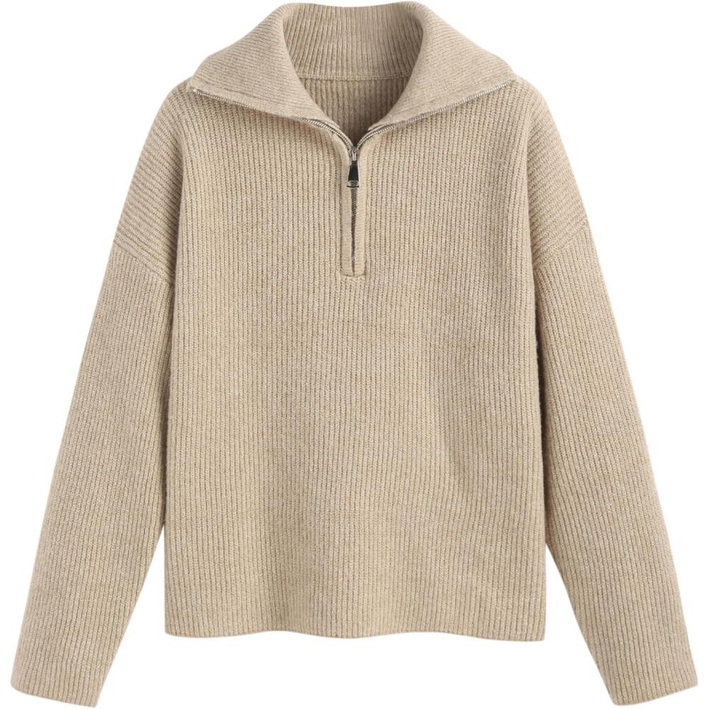 imageCIDER Quarter Zip Pullover Sweaters for Women Trendy V Neck Long Sleeve Fall Sweaters Solid Knit Chunky SweaterKhaki
