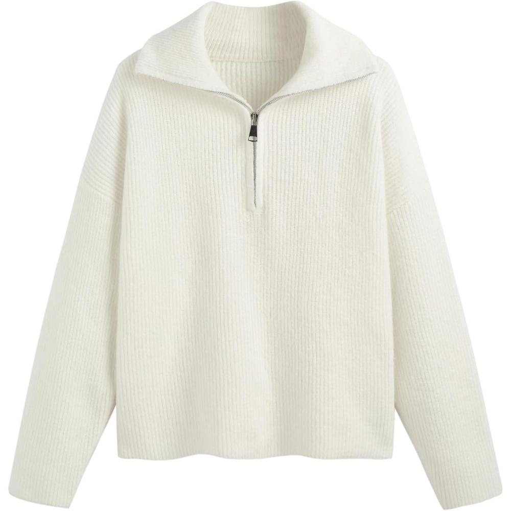 imageCIDER Quarter Zip Pullover Sweaters for Women Trendy V Neck Long Sleeve Fall Sweaters Solid Knit Chunky SweaterWhite