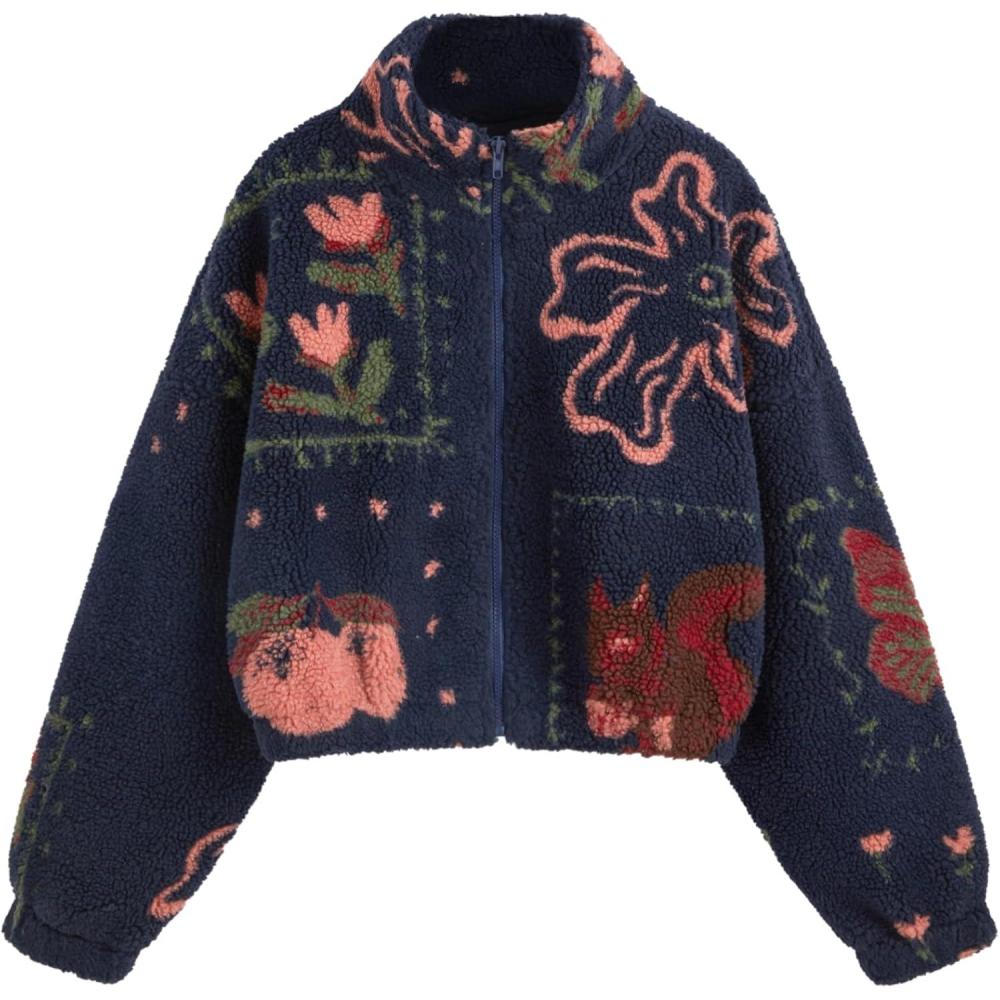 imageCIDER Sherpa Jacket Women Fleece Jacket Turtle Neck Floral Cropped Graphic Zipper Jacket for WinterDark Navy