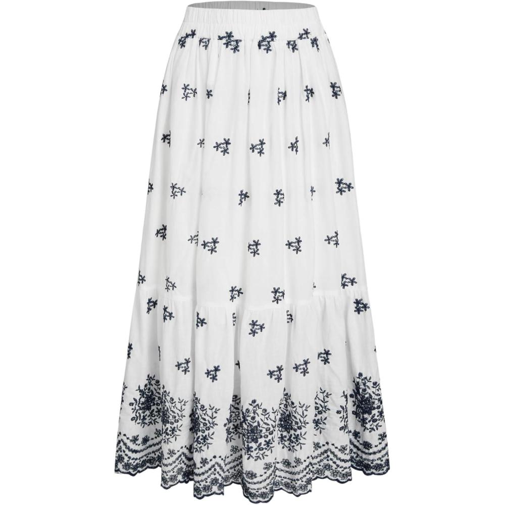 imageCIDER Skirts for Women Elastic High Waisted Ruffle Hem Floral Boho Long Maxi Skirts Vacation Beach OutfitsWhite