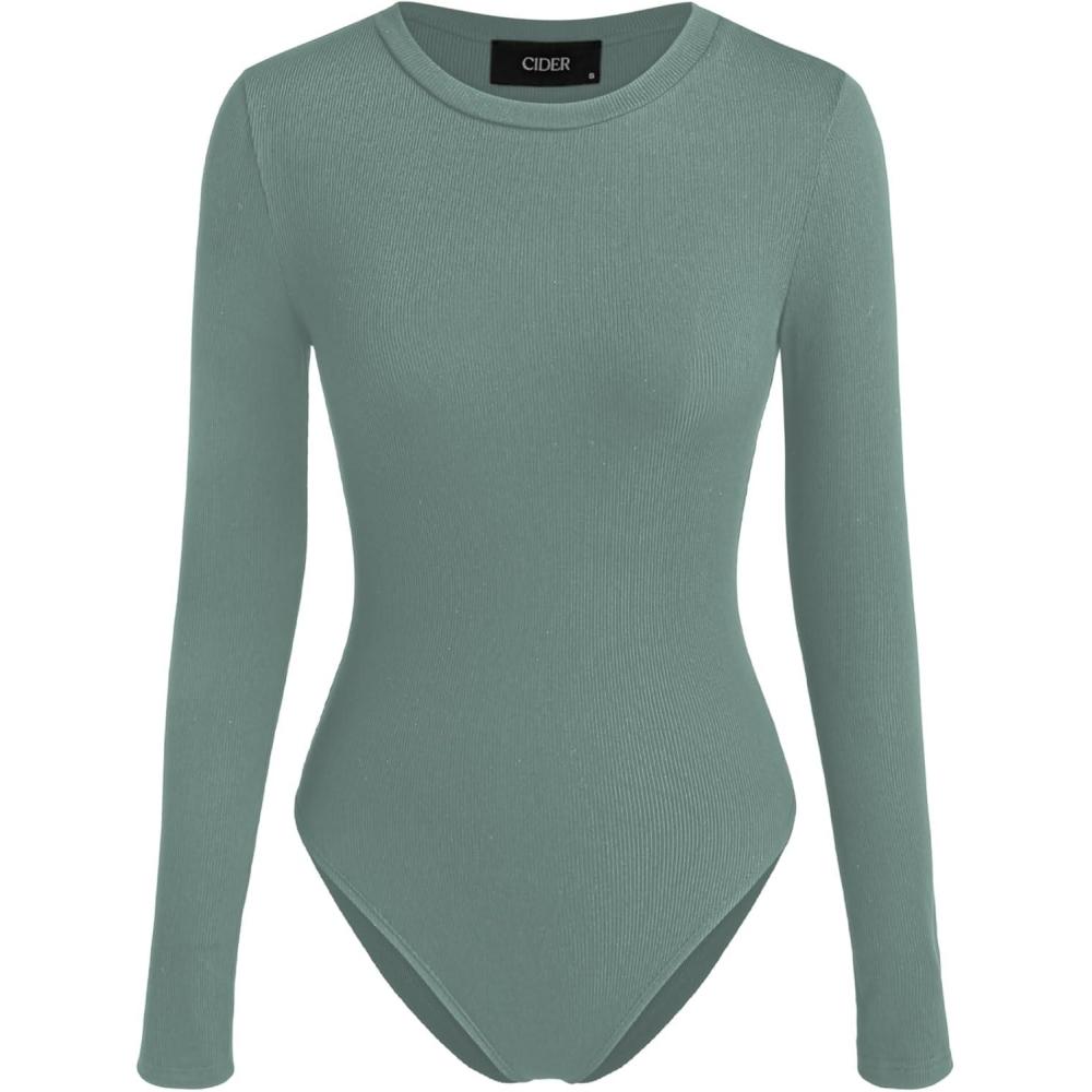 imageCIDER Women Long Sleeve Crew Neck Slim Fit Bodysuits Going Out Tops 2025 Casual OutfitsGreen