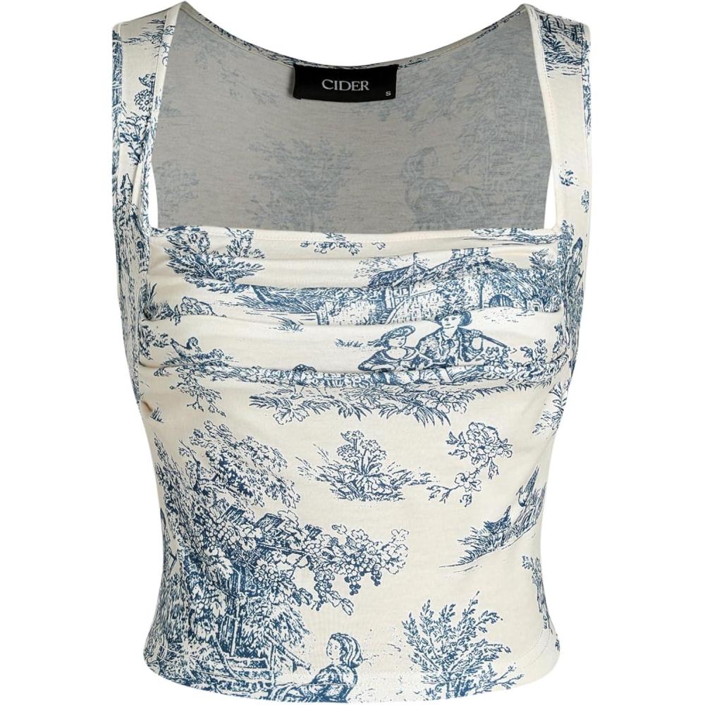 imageCIDER Women Square Neck Tank Tops Sleeveless Ruched Floral Cute Going Out Summer Trendy Crop TopBlue