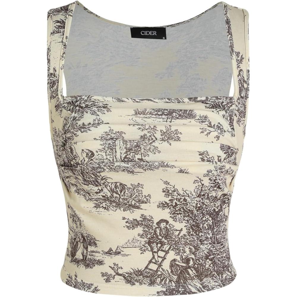 imageCIDER Women Square Neck Tank Tops Sleeveless Ruched Floral Cute Going Out Summer Trendy Crop TopBrown