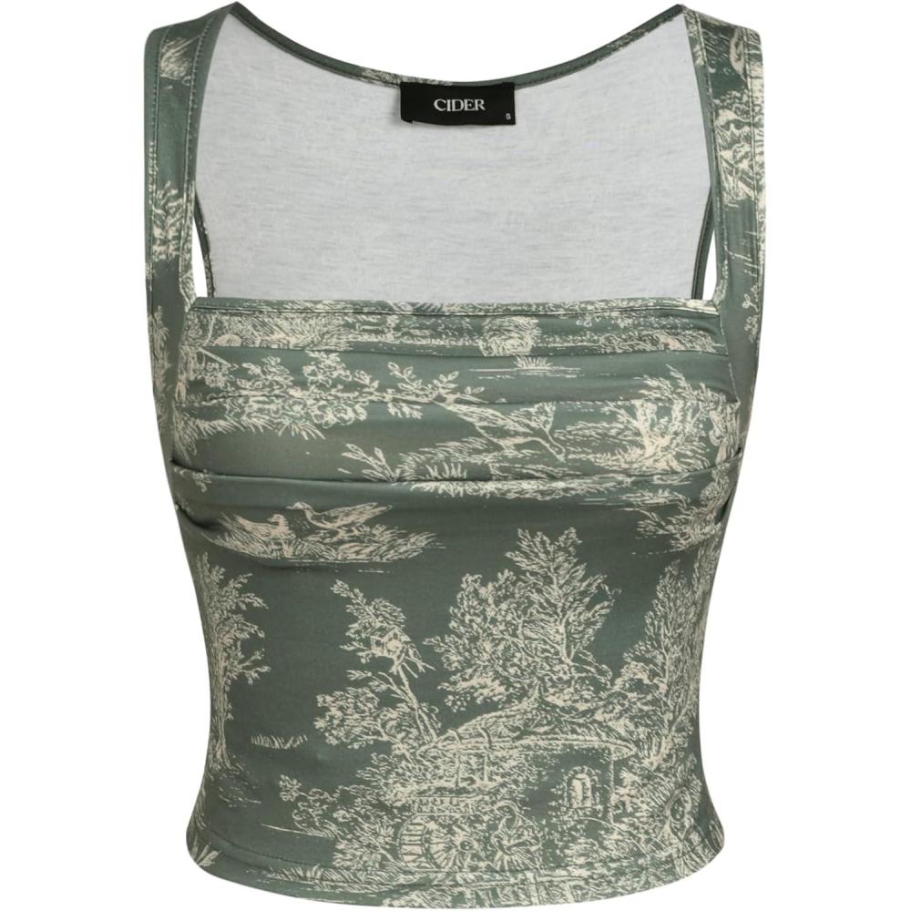imageCIDER Women Square Neck Tank Tops Sleeveless Ruched Floral Cute Going Out Summer Trendy Crop TopOlive Green