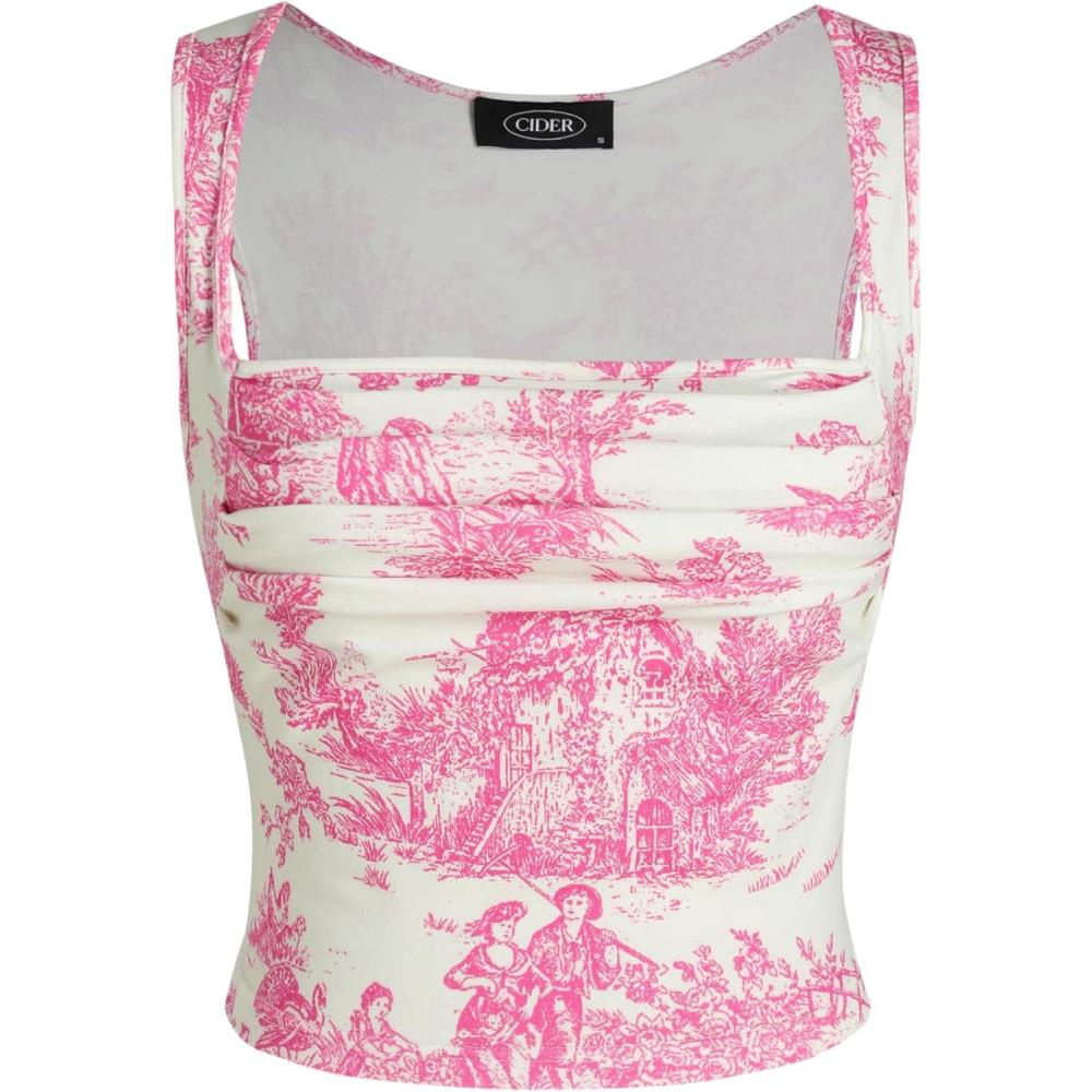 imageCIDER Women Square Neck Tank Tops Sleeveless Ruched Floral Cute Going Out Summer Trendy Crop TopPink
