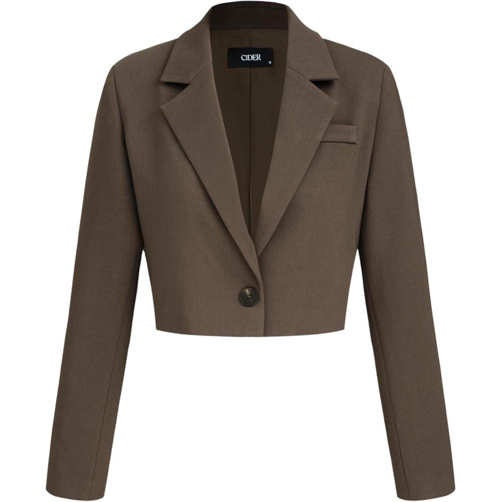 imageCIDER Womens Blazer Cropped Business Casual Open Front Long Sleeve Suit Work Office Blazer JacketBrown