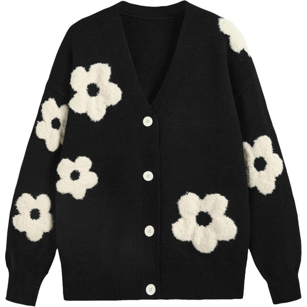 imageCIDER Womens Cardigan V Neck Floral Cardigan for Women Knit Button Down 2024 FallBlack