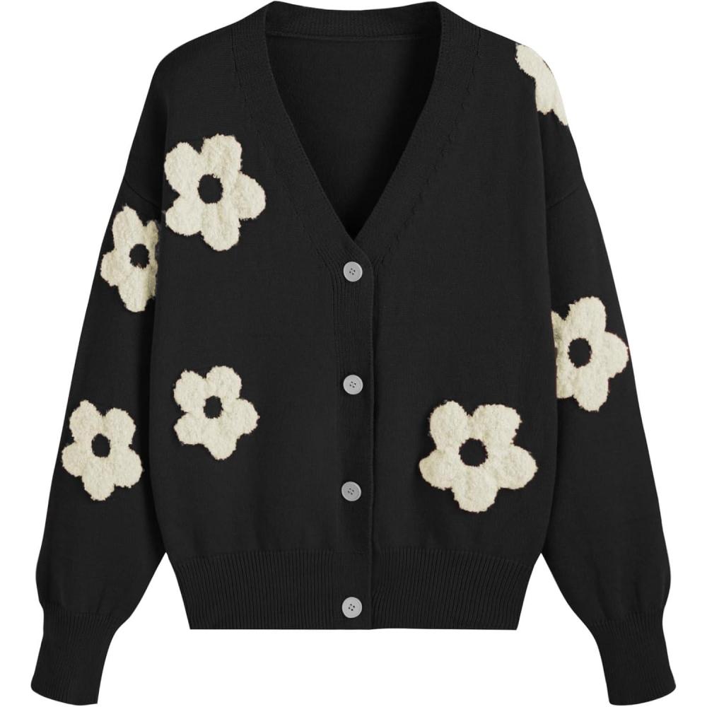 imageCIDER Womens Cardigan V Neck Floral Cardigan for Women Knit Button Down 2024 FallBlack Plus Size