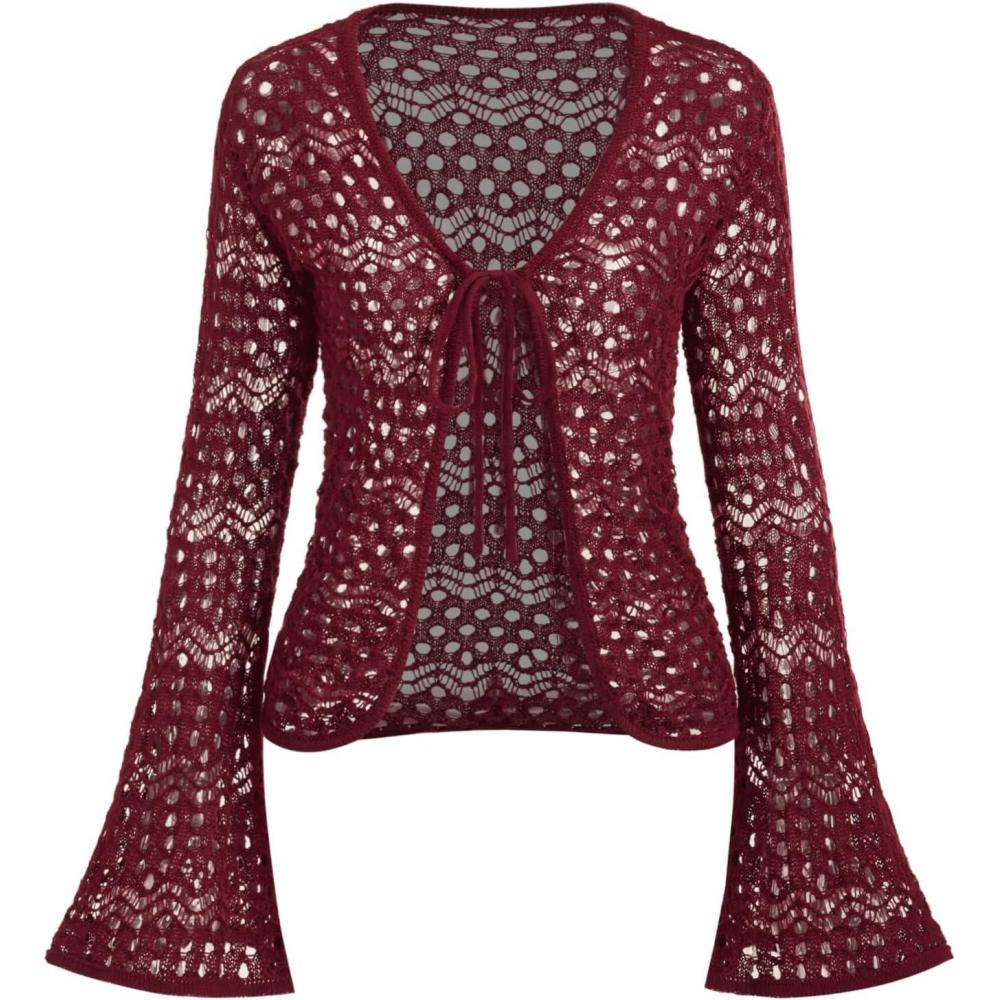 imageCIDER Womens Cardigans Hollow Out Crochet Bell Long Sleeve Tie Front Cover Ups Vacation OutfitsWine
