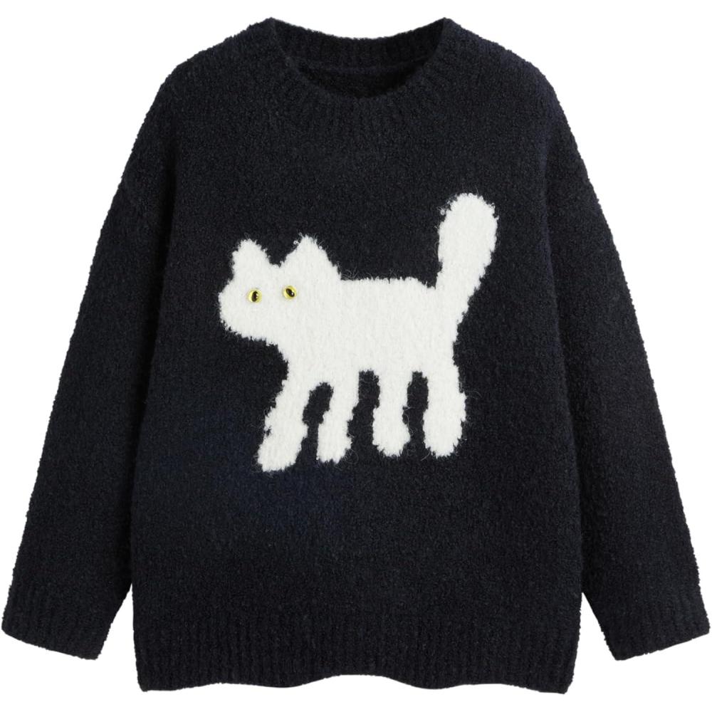 imageCIDER Womens Cat Sweater Long Sleeve Crew Neck Fun Graphic Cute Patterned Pullover Sweater TopsBlack