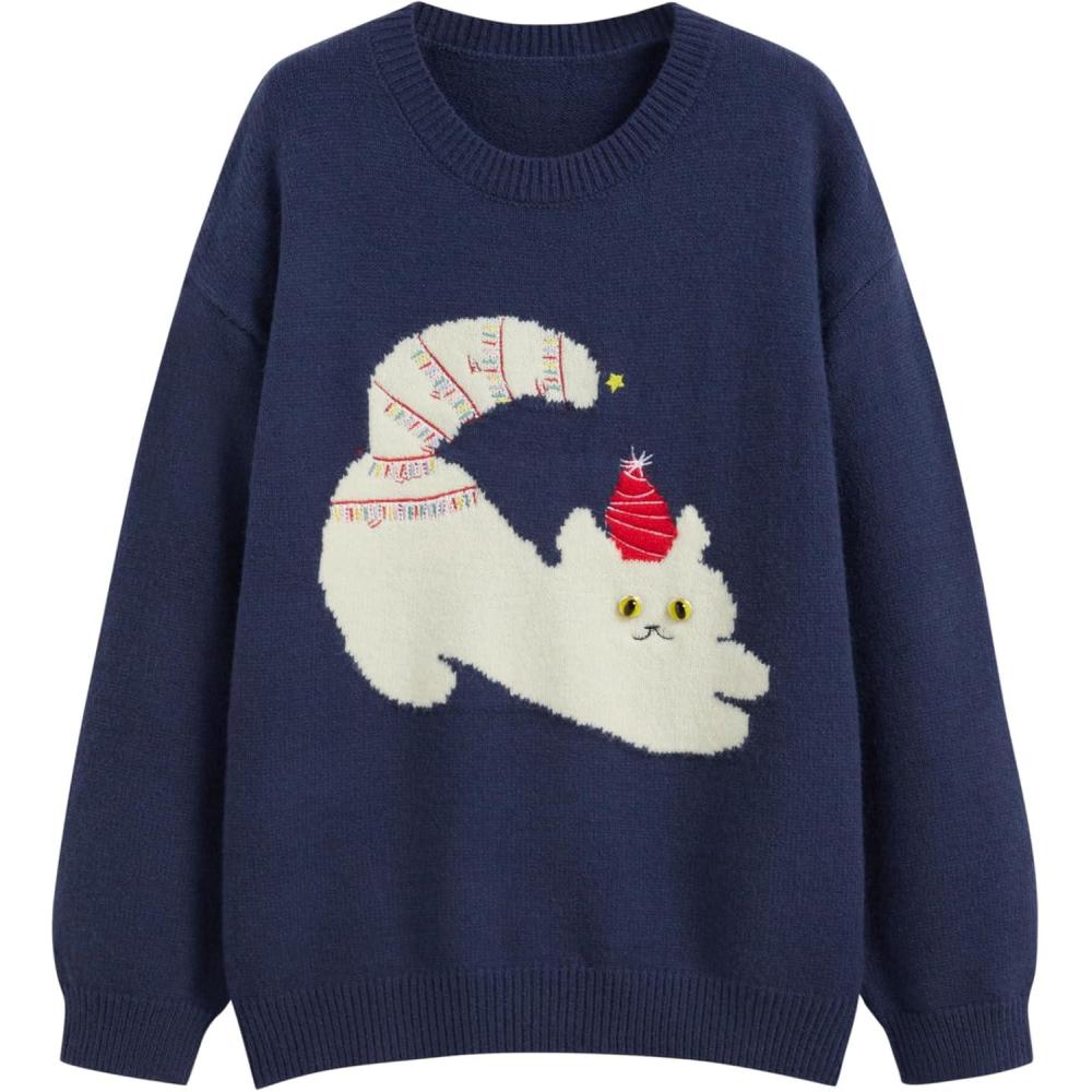 imageCIDER Womens Cat Sweater Long Sleeve Crew Neck Fun Graphic Cute Patterned Pullover Sweater TopsBlue