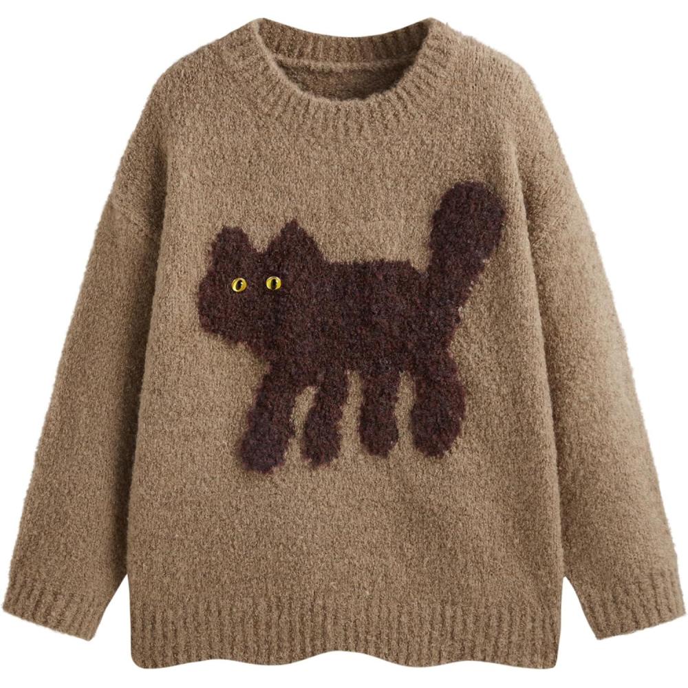 imageCIDER Womens Cat Sweater Long Sleeve Crew Neck Fun Graphic Cute Patterned Pullover Sweater TopsBrown