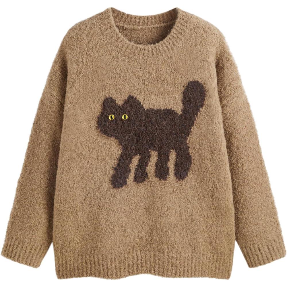 imageCIDER Womens Cat Sweater Long Sleeve Crew Neck Fun Graphic Cute Patterned Pullover Sweater TopsBrown Plus Size
