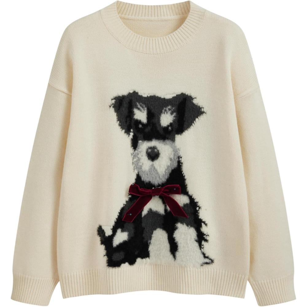 imageCIDER Womens Cat Sweater Long Sleeve Crew Neck Fun Graphic Cute Patterned Pullover Sweater TopsCream
