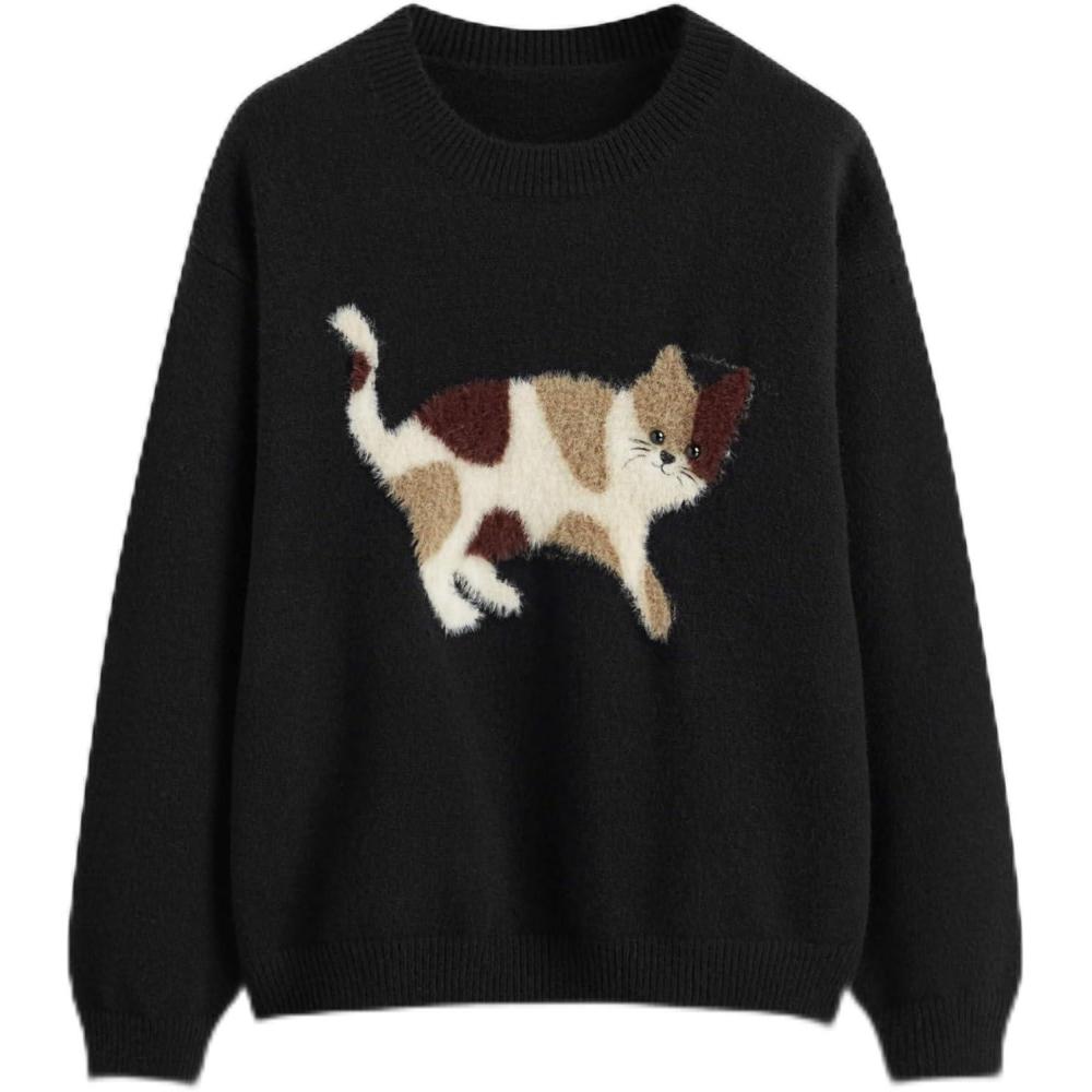 imageCIDER Womens Cat Sweater Long Sleeve Crew Neck Fun Graphic Cute Patterned Pullover Sweater TopsInky