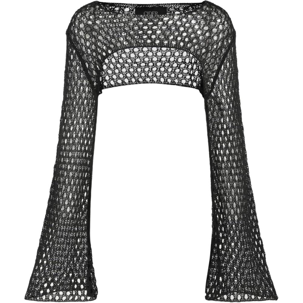 imageCIDER Womens Crochet Shrug Mesh Crop Tops Hollow Out Long Sleeve Crochet Bolero Sweater Beach Cover Ups Y2K TopsBlack