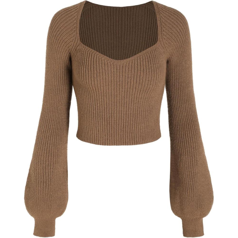 imageCIDER Womens Crop Top Sweater Square V Neck Lantern Sleeve Cute Rib Knit PulloverCoffee