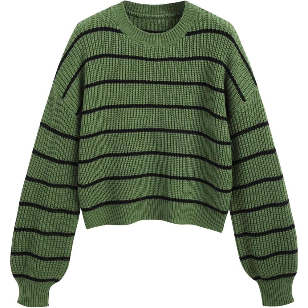 imageCIDER Womens Cropped Striped Sweater Long Sleeve Crew Neck Trendy Pullover TopsGreen