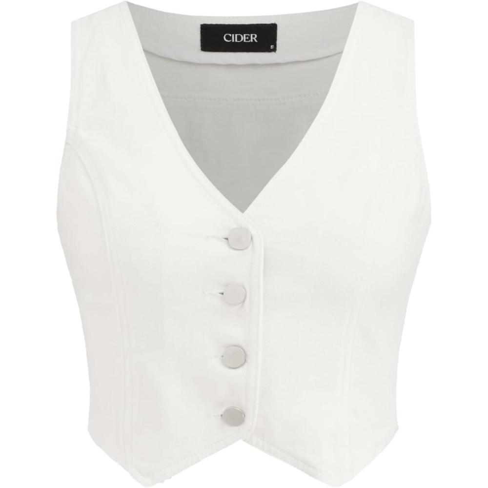 imageCIDER Womens Denim Vest V Neck Sleeveless Crop Vest Button Down Casual Tops TrendyWhite