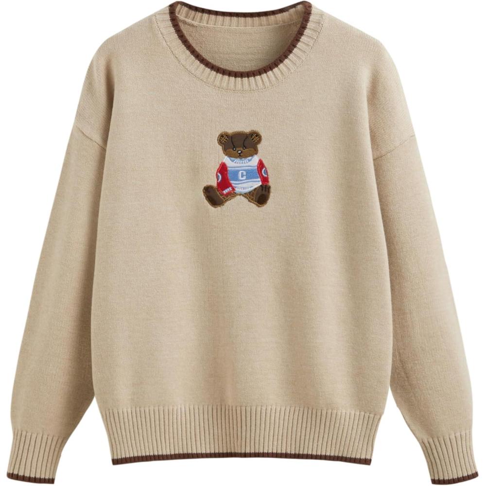 imageCIDER Womens Fall Sweaters Long Sleeve Cute Sweaters Bear Graphic Crewneck Soft Knit Casual Cropped Pullover0khaki