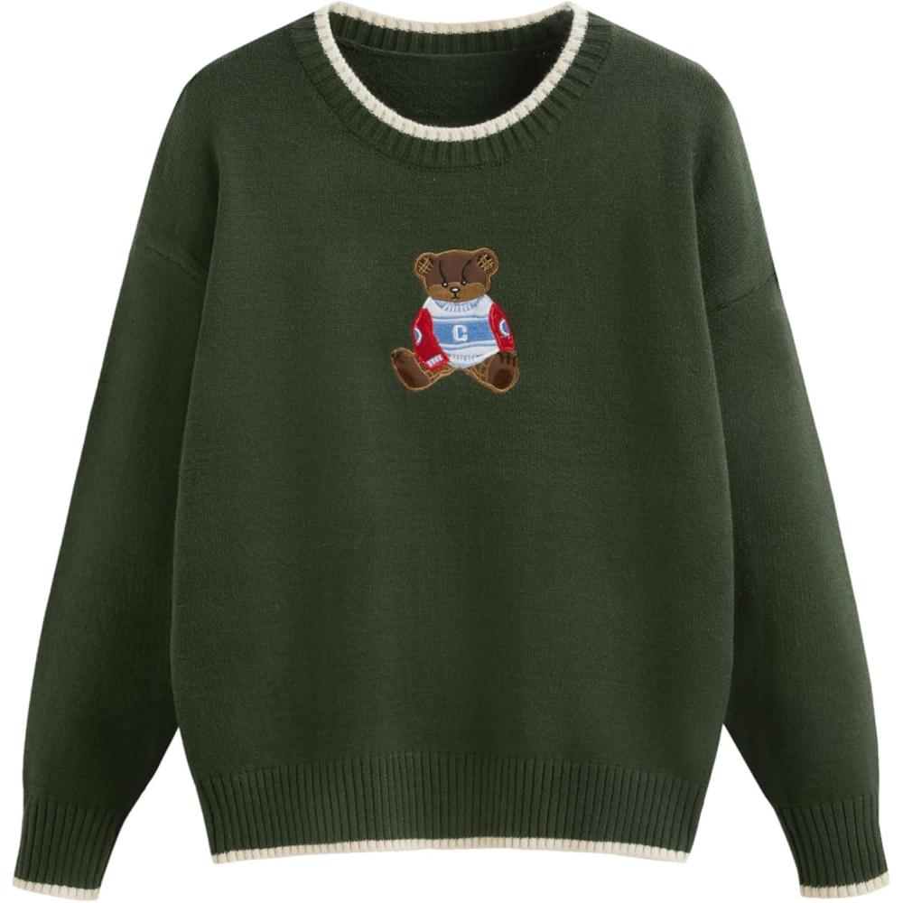 imageCIDER Womens Fall Sweaters Long Sleeve Cute Sweaters Bear Graphic Crewneck Soft Knit Casual Cropped Pullover0olive Green