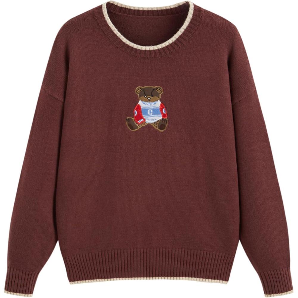 imageCIDER Womens Fall Sweaters Long Sleeve Cute Sweaters Bear Graphic Crewneck Soft Knit Casual Cropped Pullover0wine