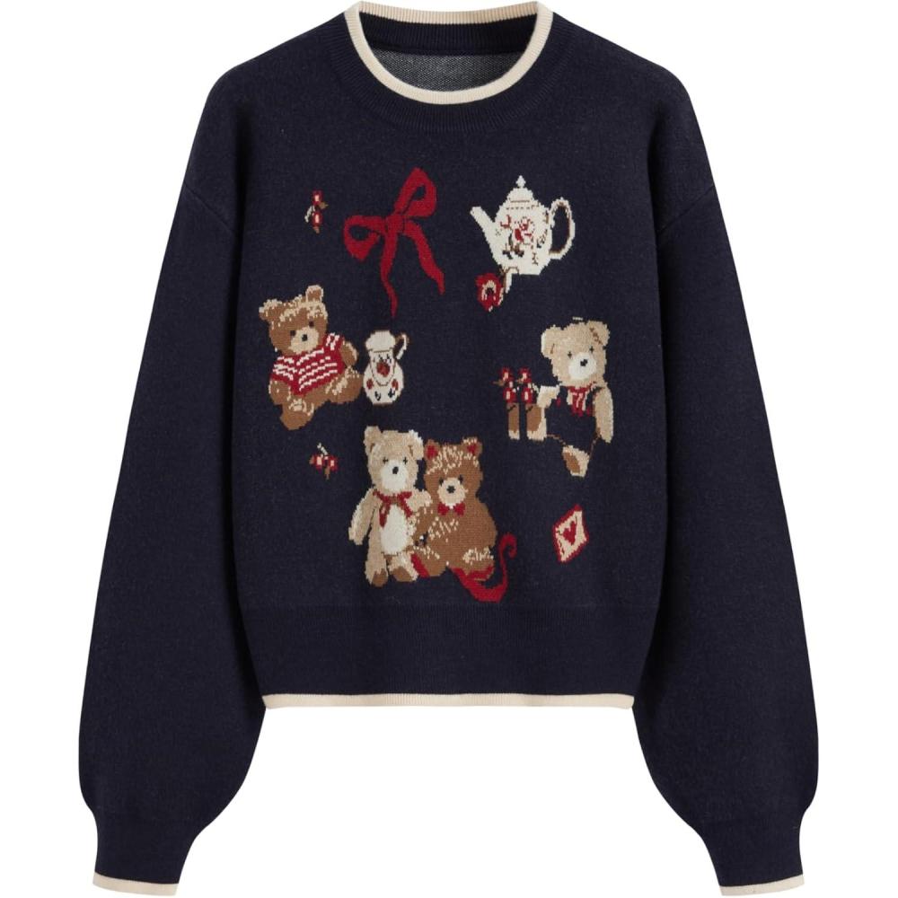 imageCIDER Womens Fall Sweaters Long Sleeve Cute Sweaters Bear Graphic Crewneck Soft Knit Casual Cropped Pullover1dark Navy
