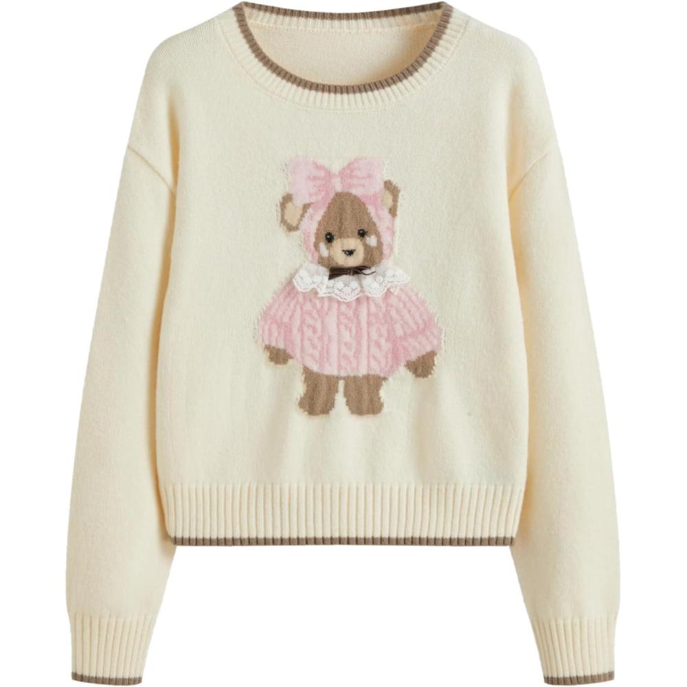 imageCIDER Womens Fall Sweaters Long Sleeve Cute Sweaters Bear Graphic Crewneck Soft Knit Casual Cropped Pullover2beige