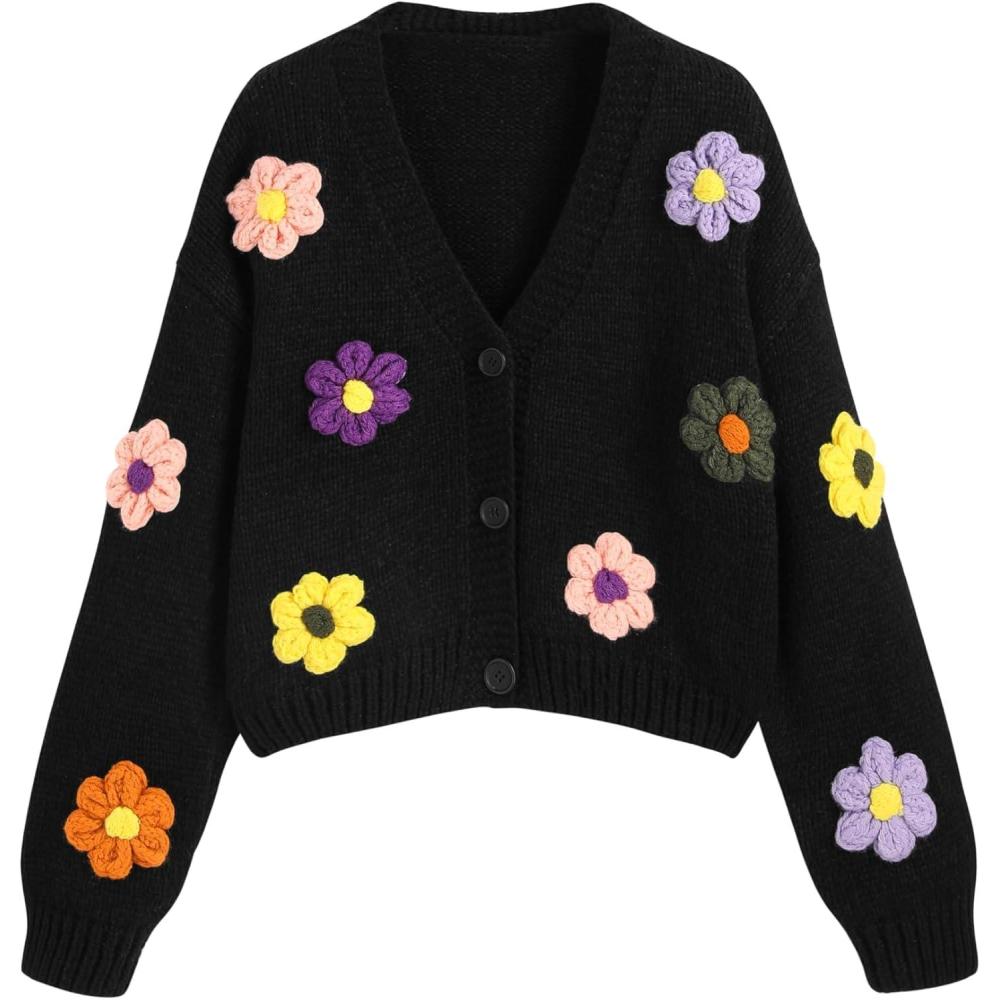 imageCIDER Womens Floral Cropped Cardigan Cute Flower V Neck Button Down Trendy SweaterBlack