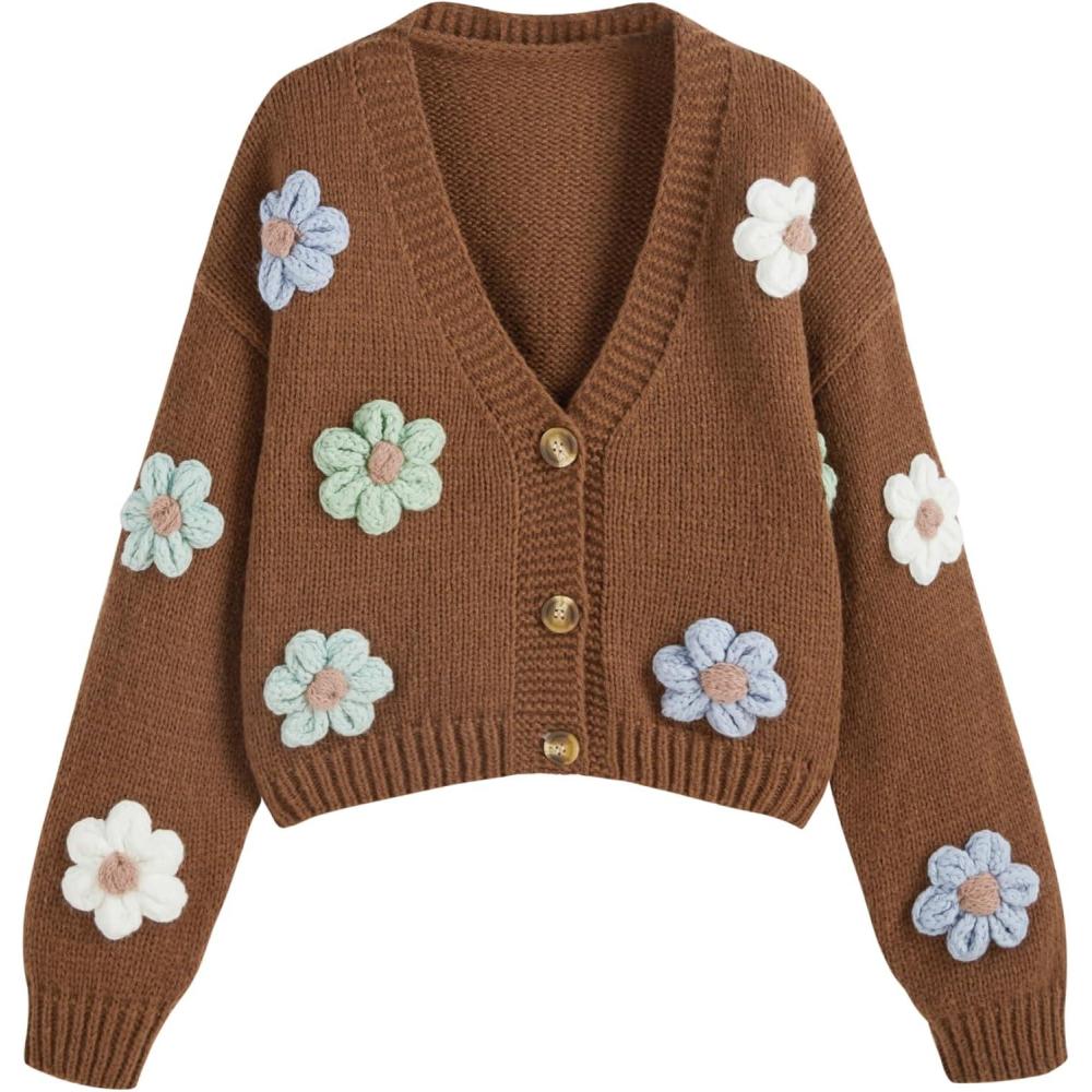 imageCIDER Womens Floral Cropped Cardigan Cute Flower V Neck Button Down Trendy SweaterCoffee