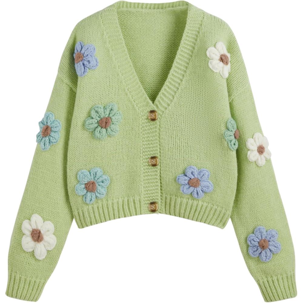 imageCIDER Womens Floral Cropped Cardigan Cute Flower V Neck Button Down Trendy SweaterLight Green