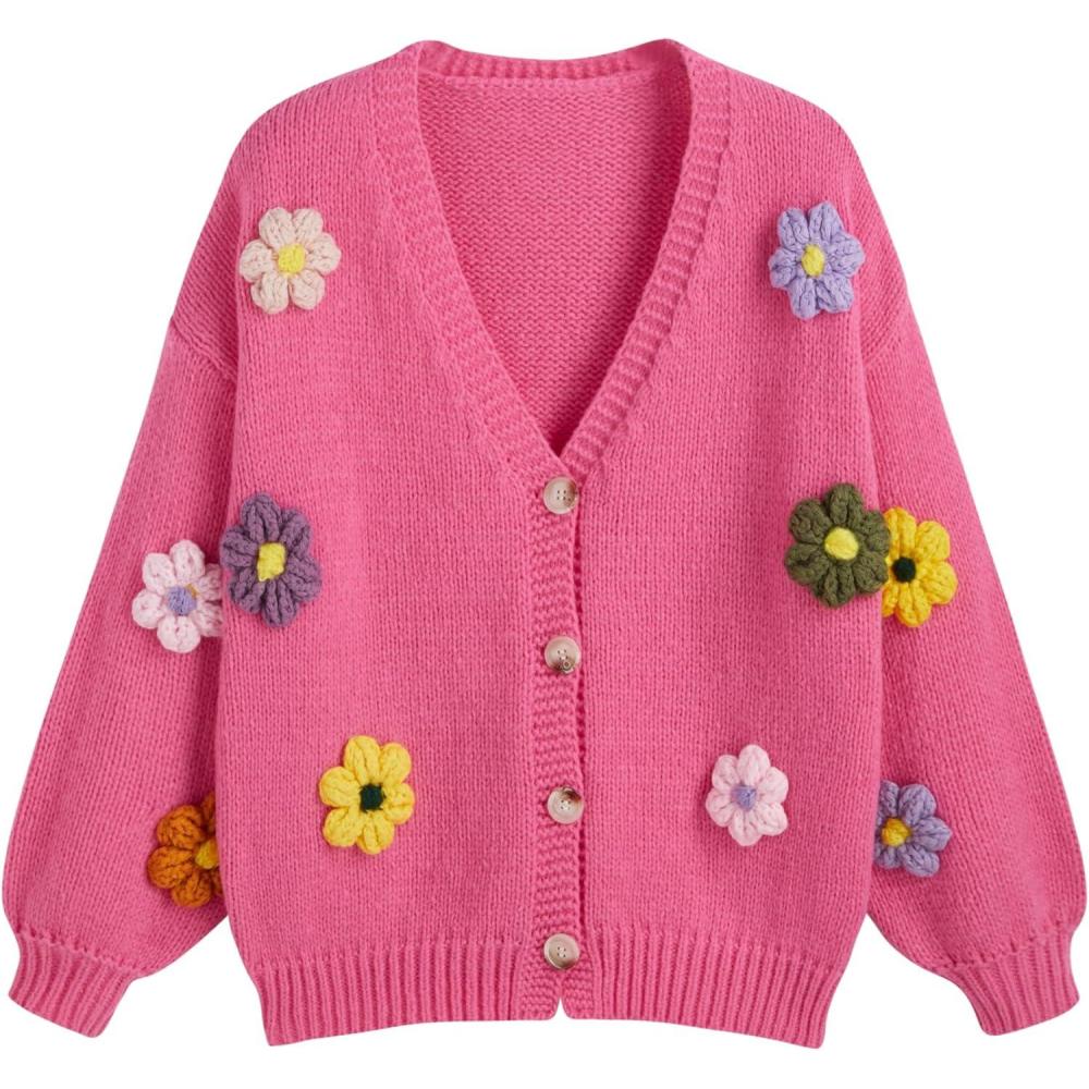 imageCIDER Womens Floral Cropped Cardigan Cute Flower V Neck Button Down Trendy SweaterPink Plus Size