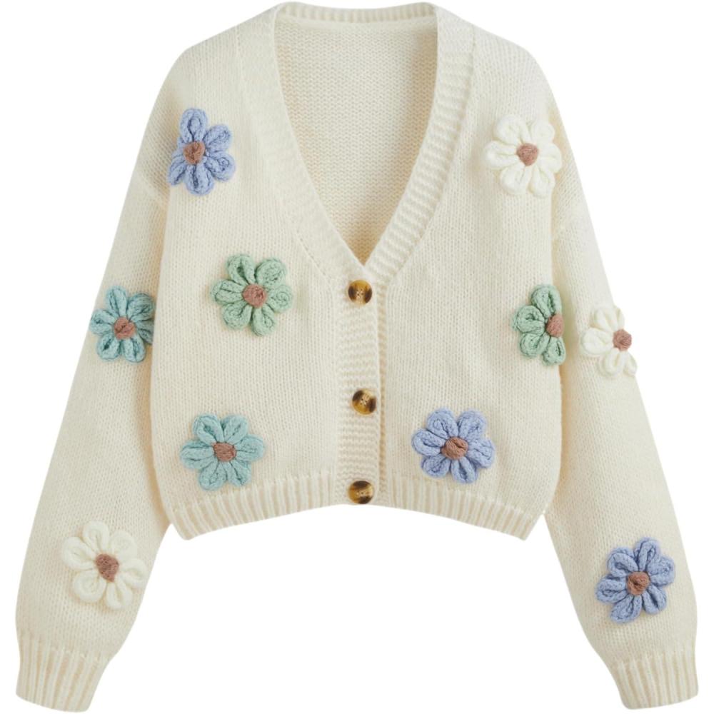 imageCIDER Womens Floral Cropped Cardigan Cute Flower V Neck Button Down Trendy SweaterWhite