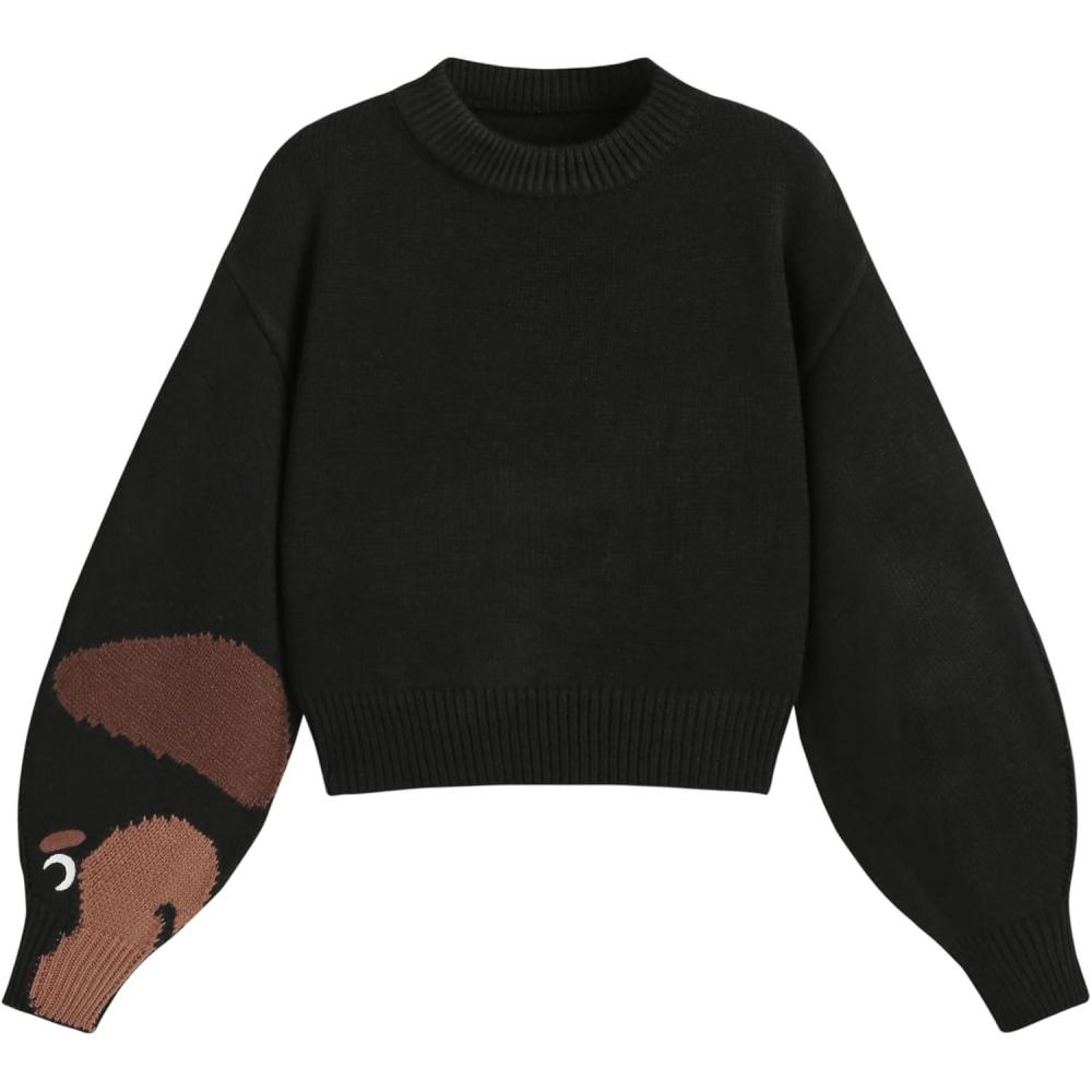 imageCIDER Womens Goose Graphic Sweater Cute Knit Chunky Cropped Sweater Pullover TopsBlack