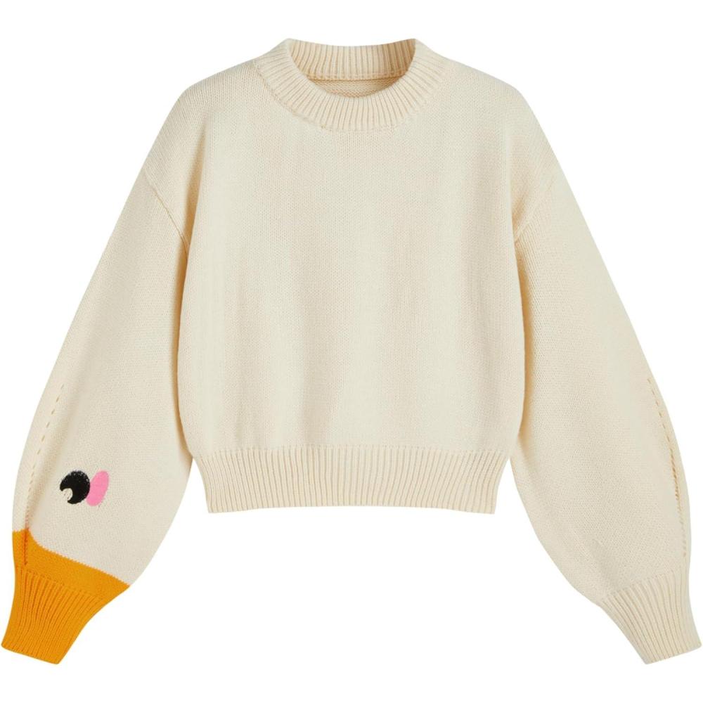 imageCIDER Womens Goose Graphic Sweater Cute Knit Chunky Cropped Sweater Pullover TopsIvory