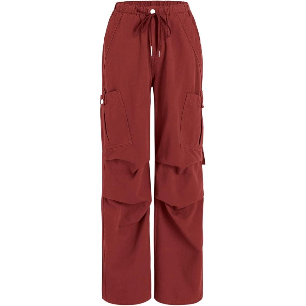imageCIDER Womens High Waisted Cargo Pants with Drawstring and Cargo Pockets Trendy Daily CasualCarmine