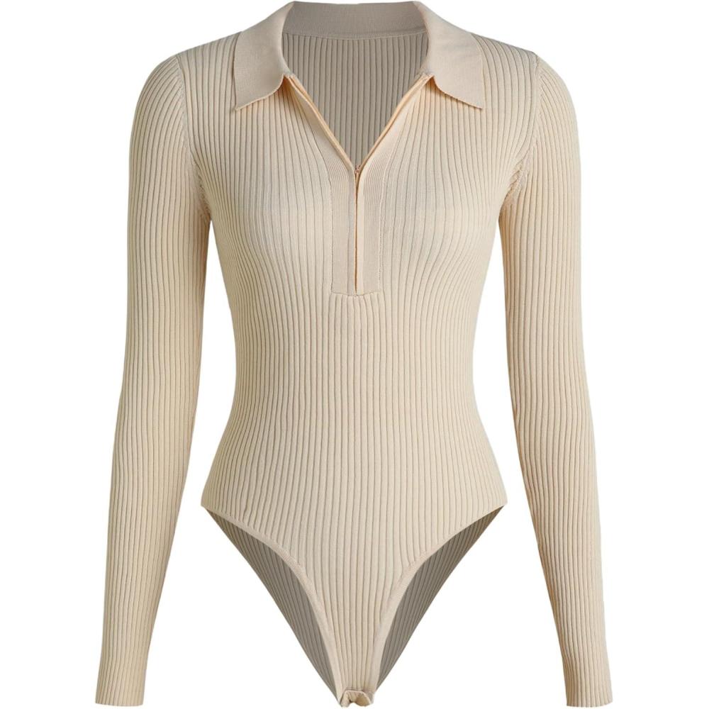imageCIDER Womens Long Sleeve Collared Zip Up Ribbed Knit Casual Bodysuits Slim Fit TopsBeige