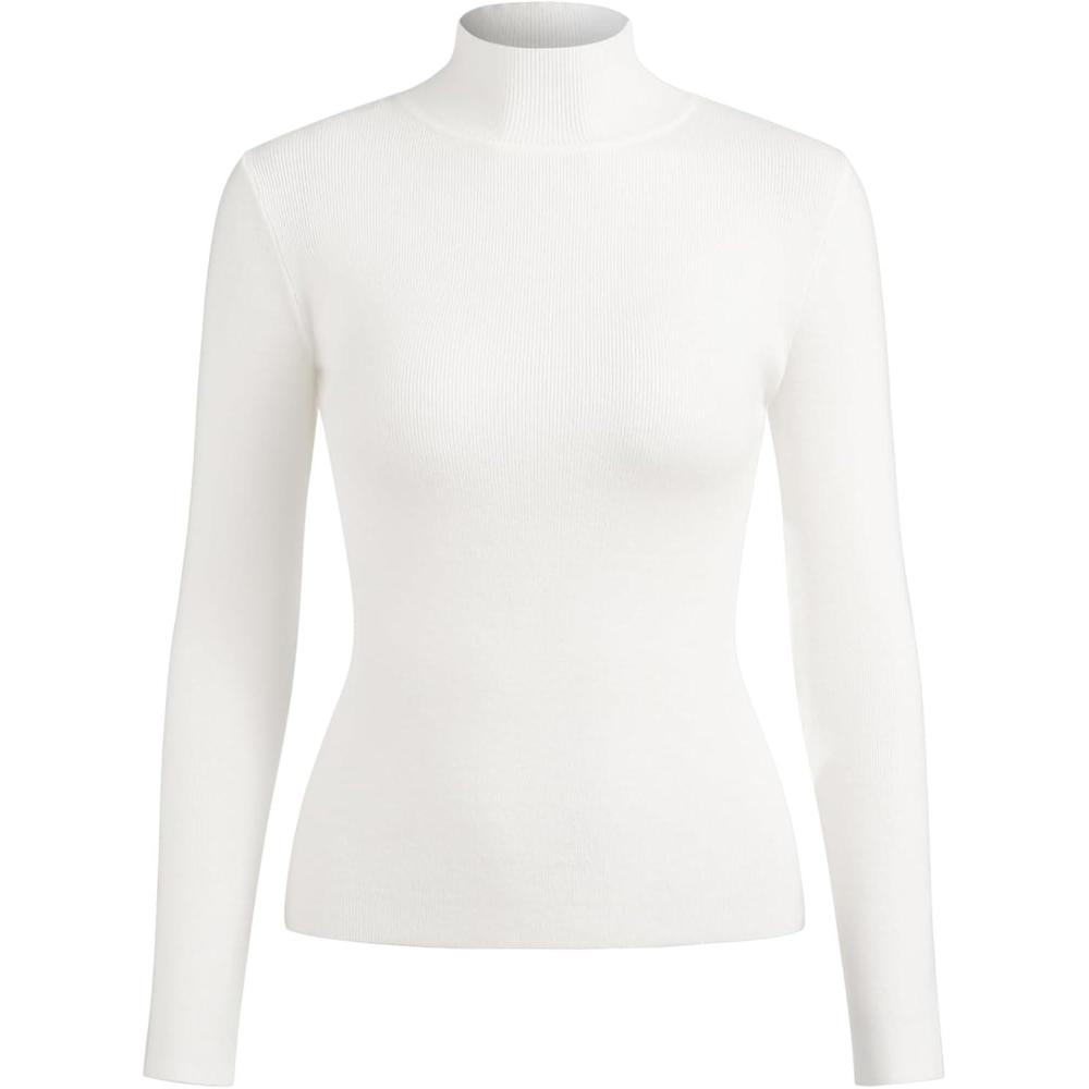 imageCIDER Womens Mock Turtleneck Tops Long Sleeve High Neck Knit Solid T Shirts SweatersWhite