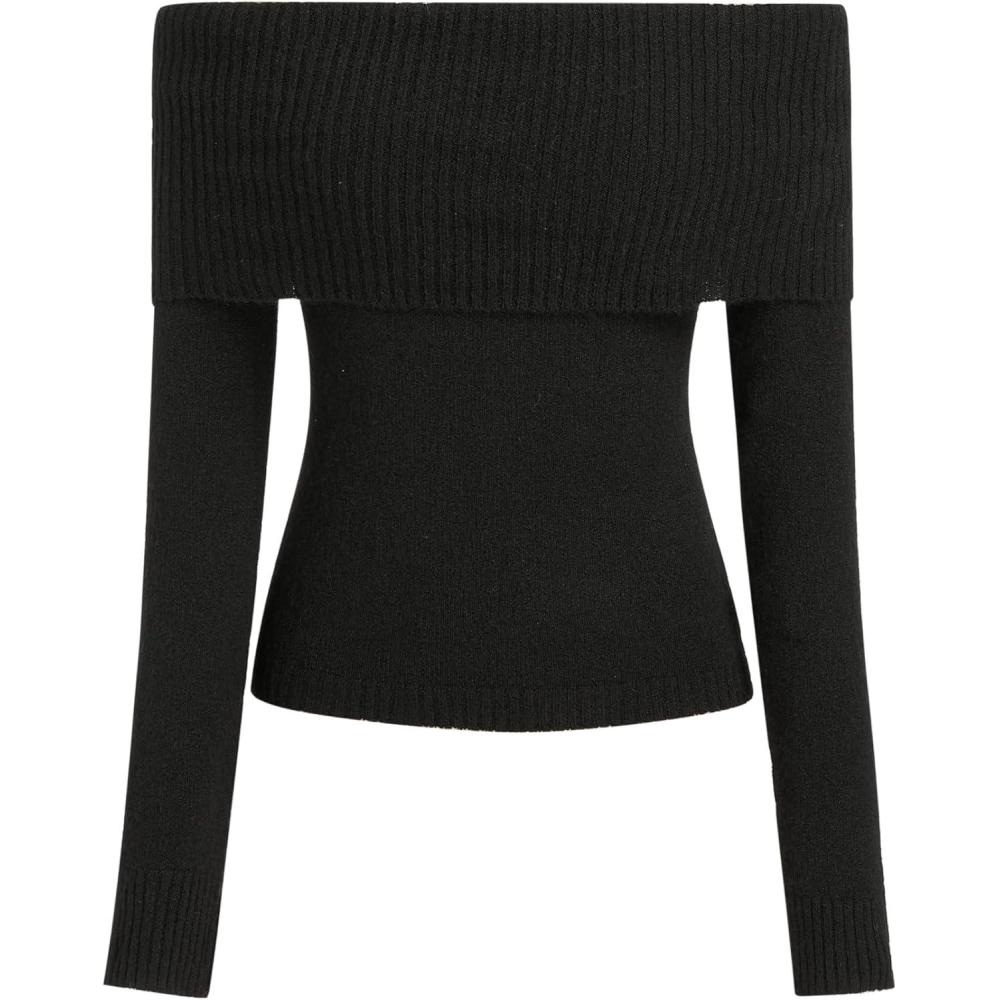 imageCIDER Womens Off Shoulder Knitted Long Sleeve Tops Fall Pullover SweaterBlack