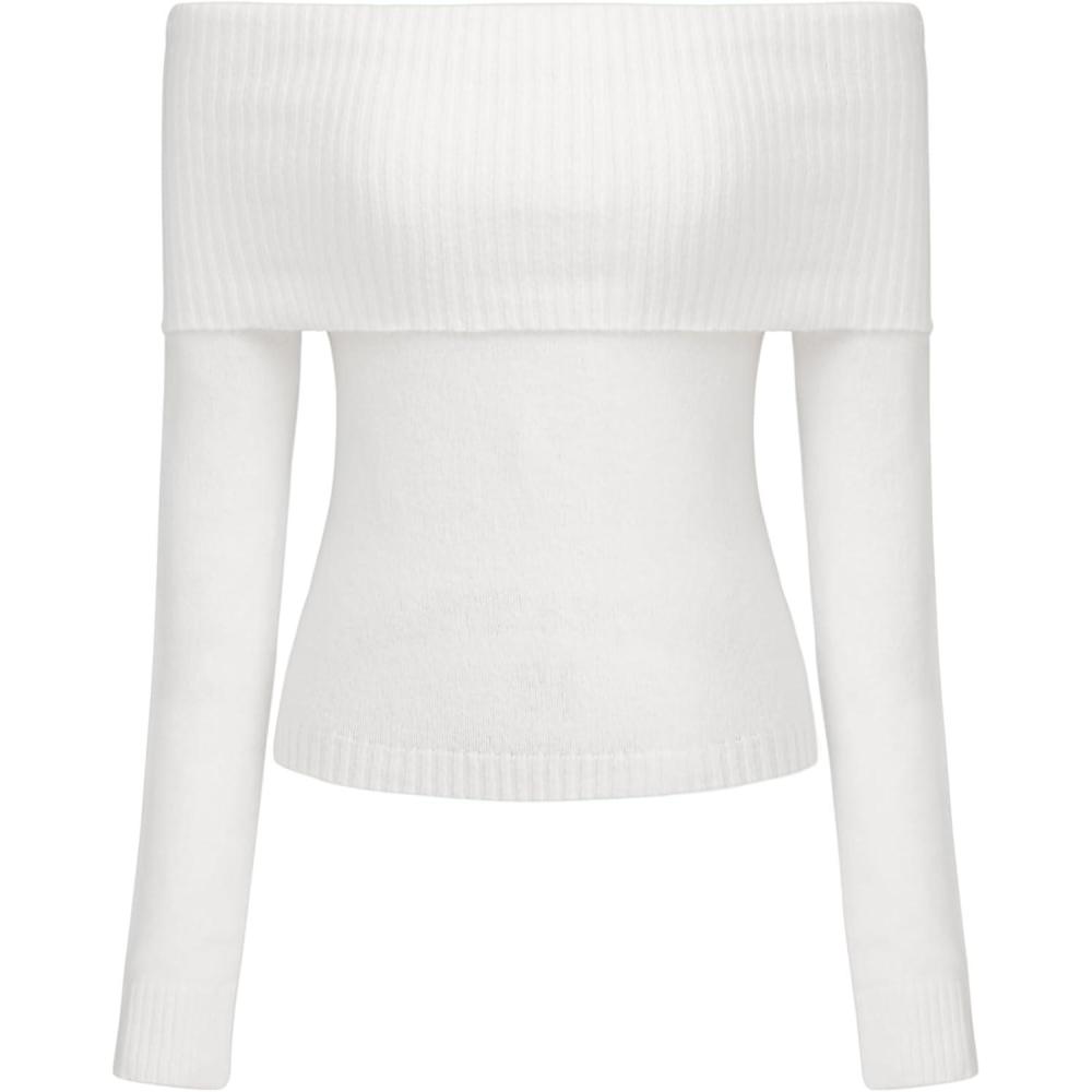 imageCIDER Womens Off Shoulder Knitted Long Sleeve Tops Fall Pullover SweaterCream