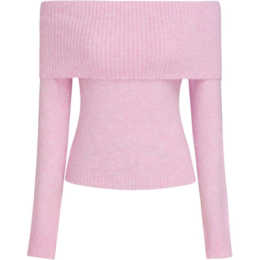 imageCIDER Womens Off Shoulder Knitted Long Sleeve Tops Fall Pullover SweaterPink