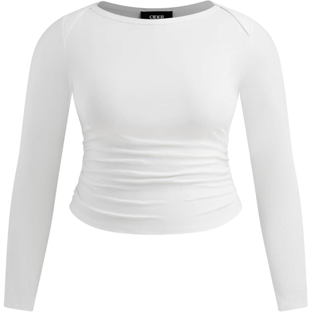 imageCIDER Womens Plus Size CottonBlend Long Sleeve Shirts Boat Neck Ruched Casual Crop Top Slim Fit Basic TeeWhite