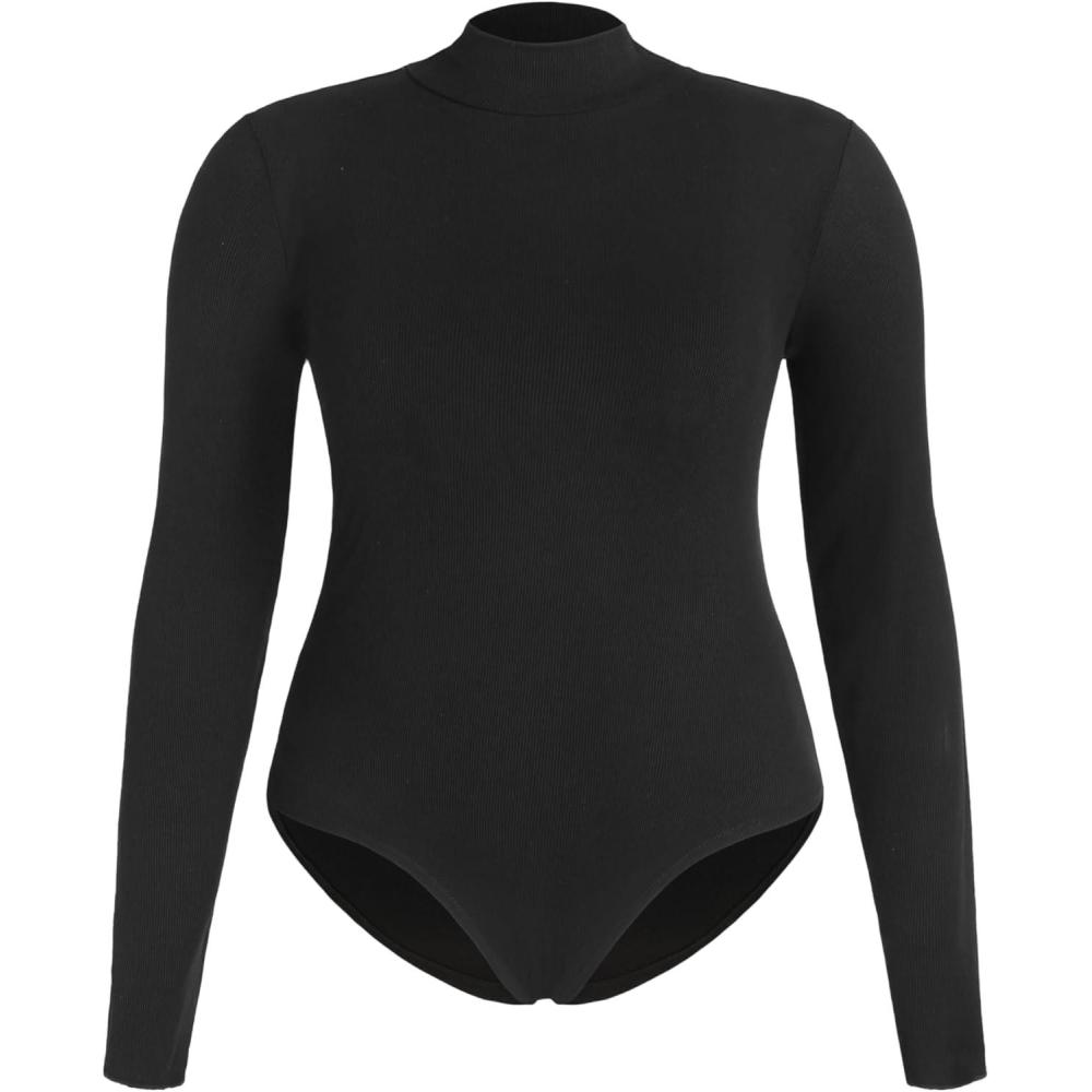 imageCIDER Womens Plus Size Mock Turtleneck Long Sleeve Bodysuits Fitted Basic TopBlack