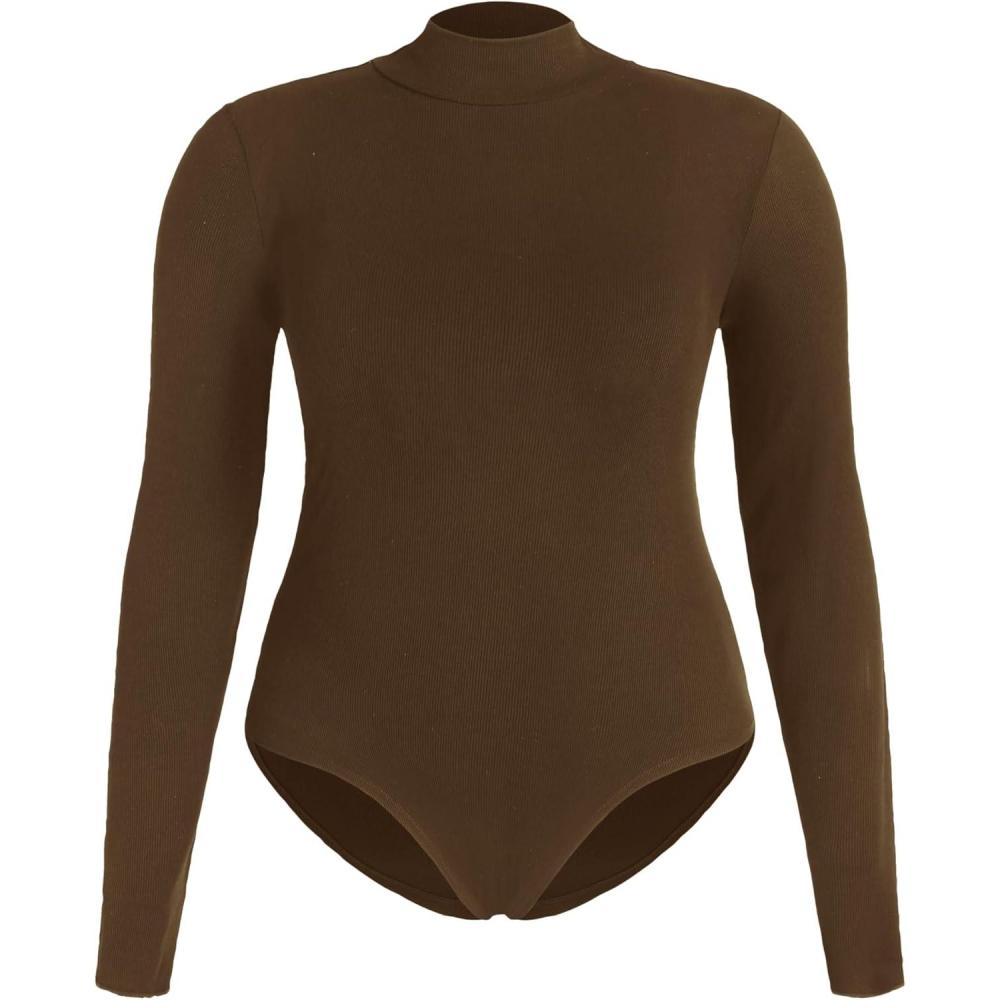 imageCIDER Womens Plus Size Mock Turtleneck Long Sleeve Bodysuits Fitted Basic TopTan