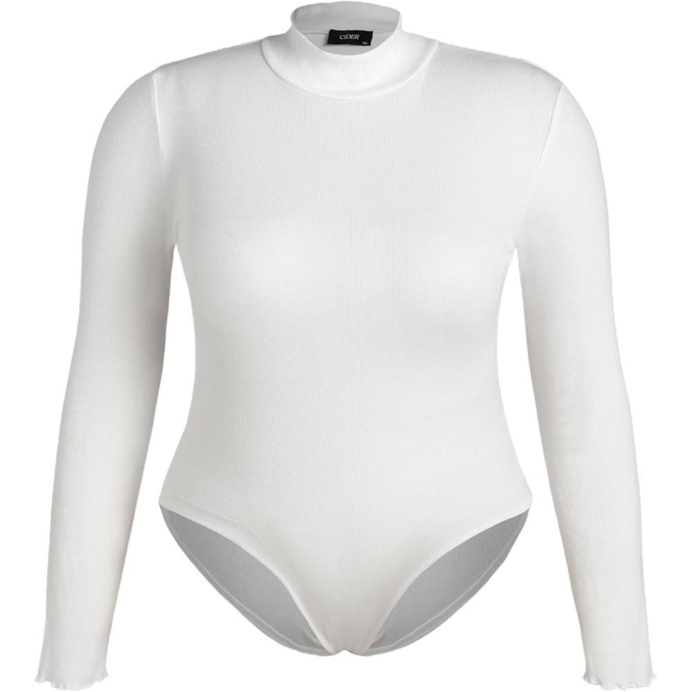imageCIDER Womens Plus Size Mock Turtleneck Long Sleeve Bodysuits Fitted Basic TopWhite