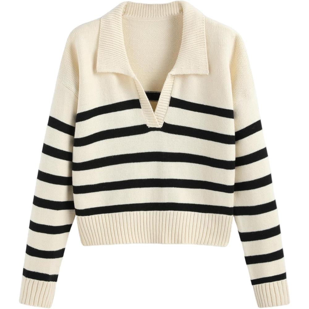 imageCIDER Womens Polo Sweater Striped Collared Lightweight Long Sleeve V Neck Pullover Fall Sweater Tops 2024Black  White