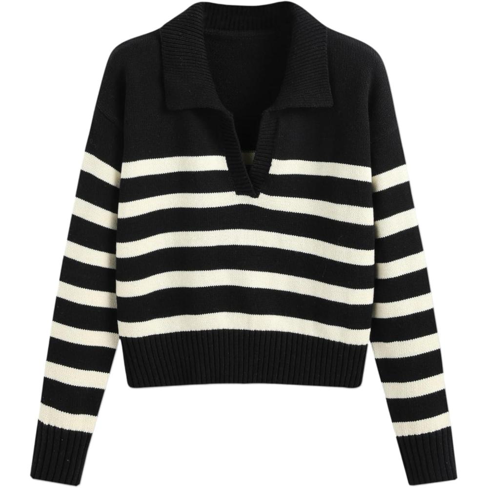 imageCIDER Womens Polo Sweater Striped Collared Lightweight Long Sleeve V Neck Pullover Fall Sweater Tops 2024Black