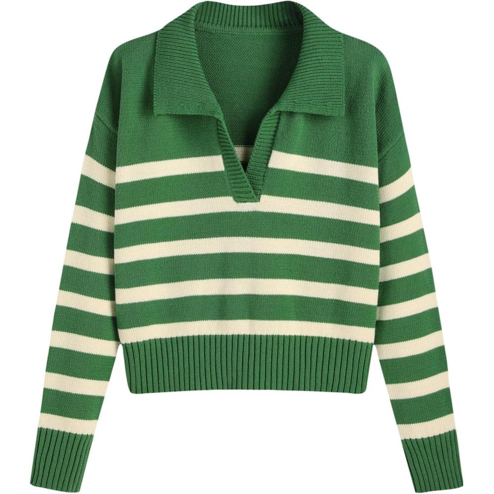 imageCIDER Womens Polo Sweater Striped Collared Lightweight Long Sleeve V Neck Pullover Fall Sweater Tops 2024Green
