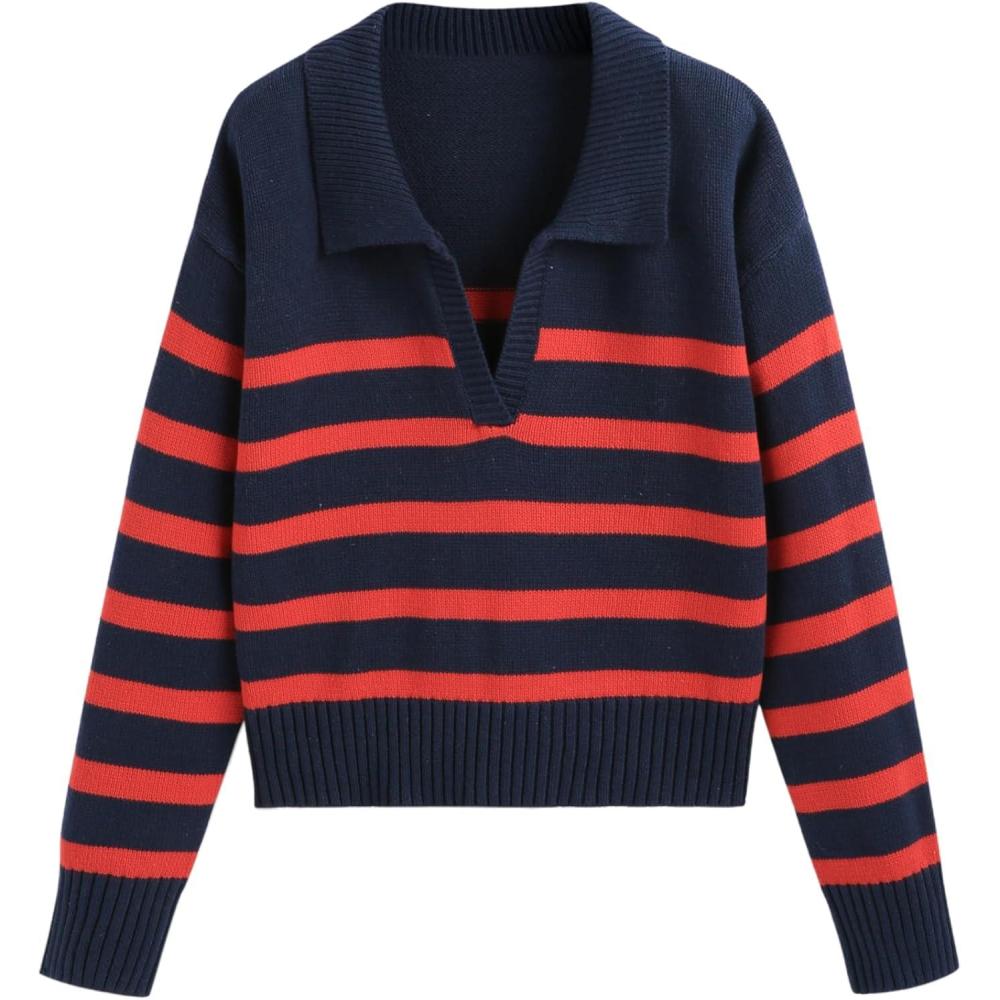 imageCIDER Womens Polo Sweater Striped Collared Lightweight Long Sleeve V Neck Pullover Fall Sweater Tops 2024Navy Blue